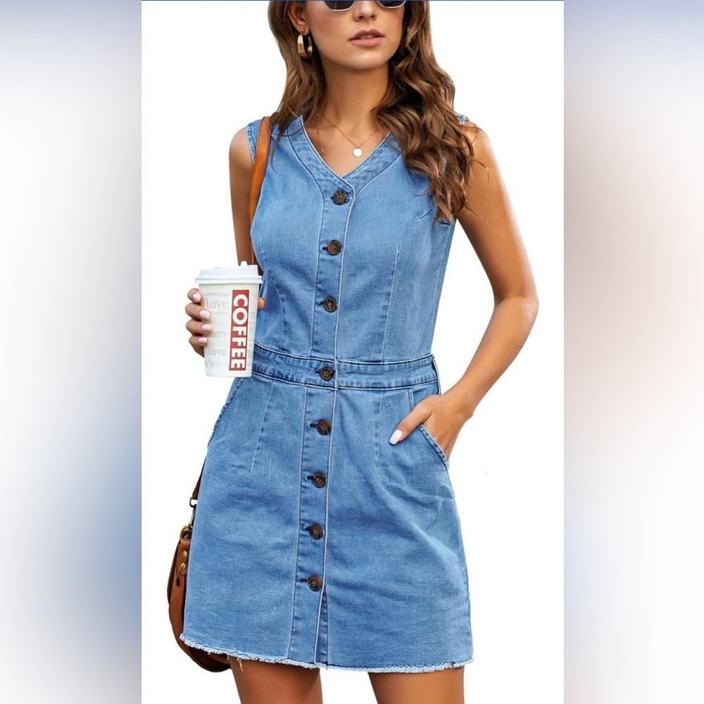 Blue Denim Overall Dress with V-Neckline